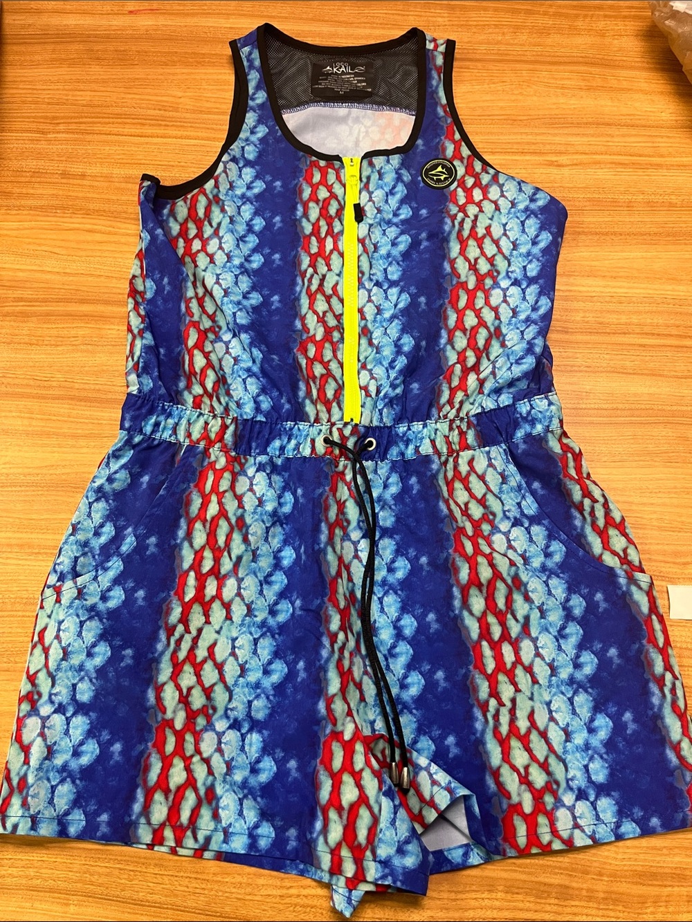 Loco Skaile Romper Blue Red Patterned Athletic Romper with Yellow Zip